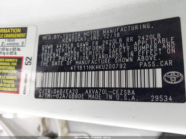 Toyota CAMRY SE 2019 4T1B11HK4KU200792 Image 9