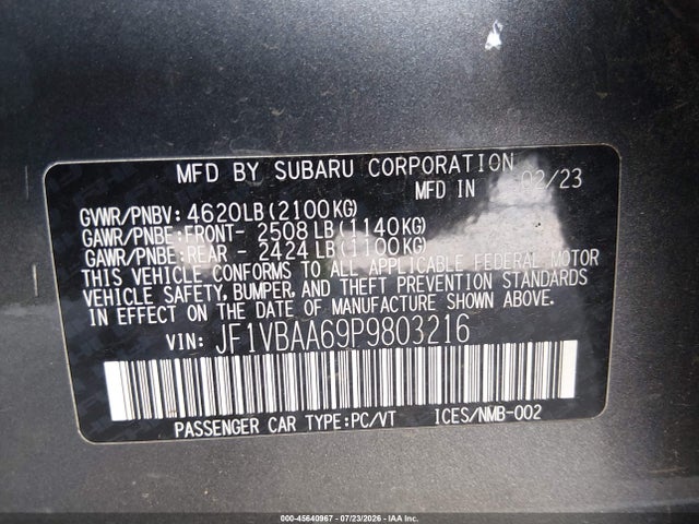 Aukcja sprzedaży 2023 Subaru Wrx, vin: JF1VBAA69P9803216, numer aukcji: 45640967