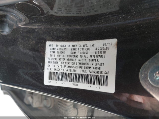 2017 Honda Accord Ex-l მანქანა იყიდება აუქციონზე, vin: 1HGCR2F81HA021569, აუქციონის ნომერი: 45640975