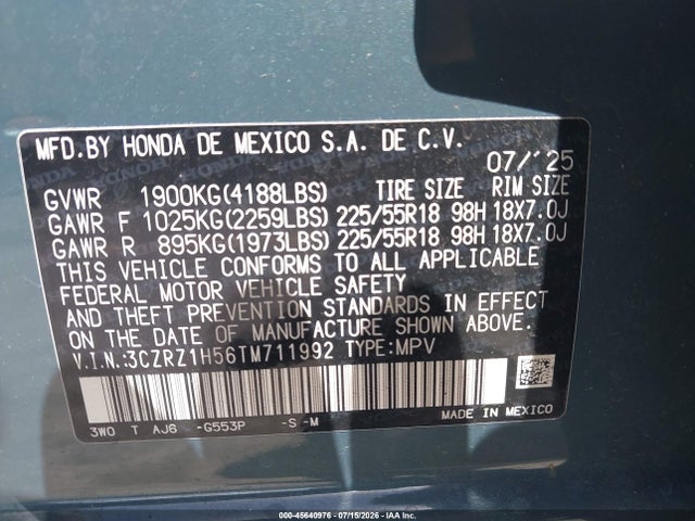 45640976 :رقم المزاد ، 3CZRZ1H56TM711992 vin ، 2026 Honda Hr-v 2wd Sport مزاد بيع