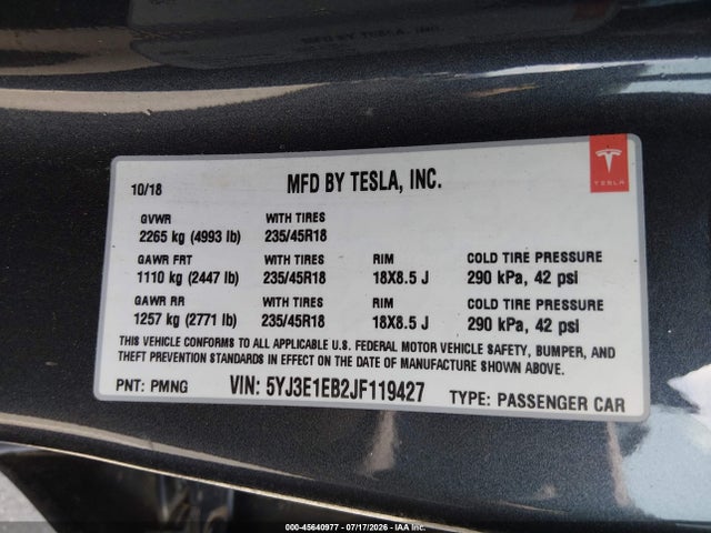 Продаж на аукціоні авто 2018 Tesla Model 3 Long Range/performance, vin: 5YJ3E1EB2JF119427, номер лоту: 45640977