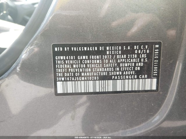 2016 Volkswagen Jetta 1.4t S მანქანა იყიდება აუქციონზე, vin: 3VW167AJ5GM410283, აუქციონის ნომერი: 45640978