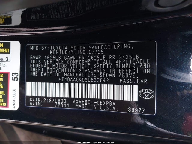 45640981 :رقم المزاد ، 4T1DAACK0SU633042 vin ، 2025 Toyota Camry Xse مزاد بيع