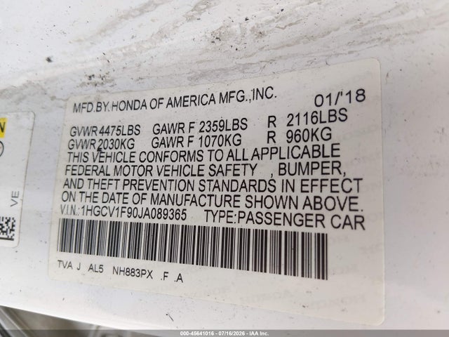 45641016 :رقم المزاد ، 1HGCV1F90JA089365 vin ، 2018 Honda Accord Touring مزاد بيع