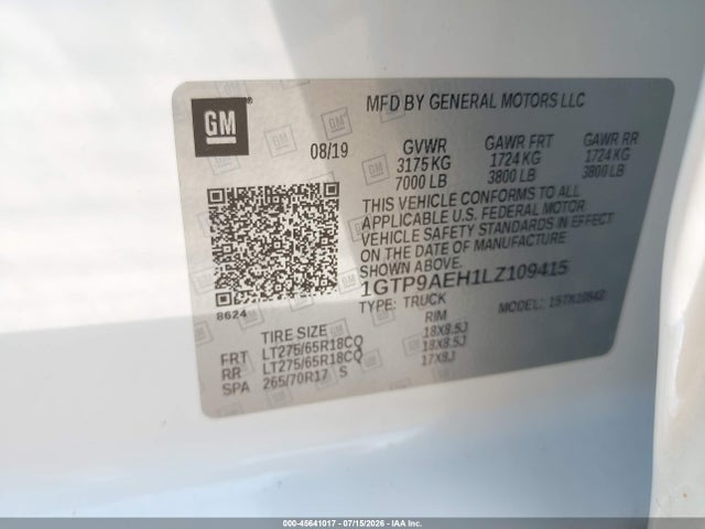45641017 :رقم المزاد ، 1GTP9AEH1LZ109415 vin ، 2020 Gmc Sierra 1500 4wd  Short Box مزاد بيع