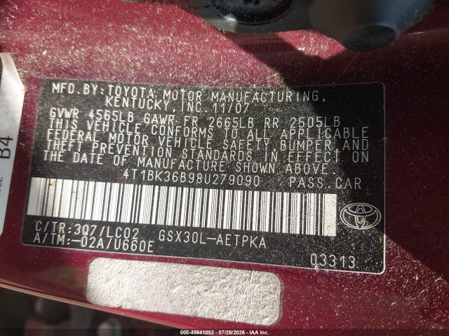 Продажа на аукционе авто 2008 Toyota Avalon Limited, vin: 4T1BK36B98U279090, номер лота: 45641052