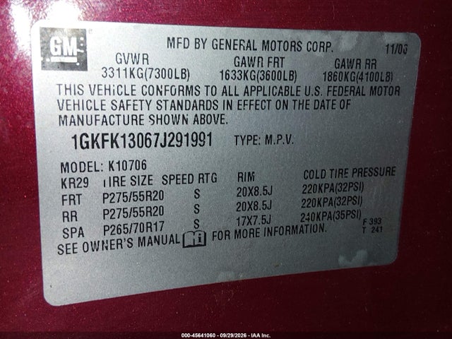 Aukcja sprzedaży 2007 Gmc Yukon Slt, vin: 1GKFK13067J291991, numer aukcji: 45641060