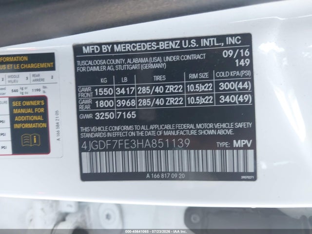 Продаж на аукціоні авто 2017 Mercedes-benz Amg Gls 63 4matic, vin: 4JGDF7FE3HA851139, номер лоту: 45641065