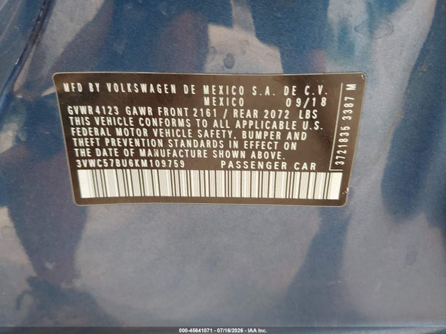 2019 Volkswagen Jetta 1.4t R-line/1.4t S/1.4t Se მანქანა იყიდება აუქციონზე, vin: 3VWC57BU6KM109759, აუქციონის ნომერი: 45641071