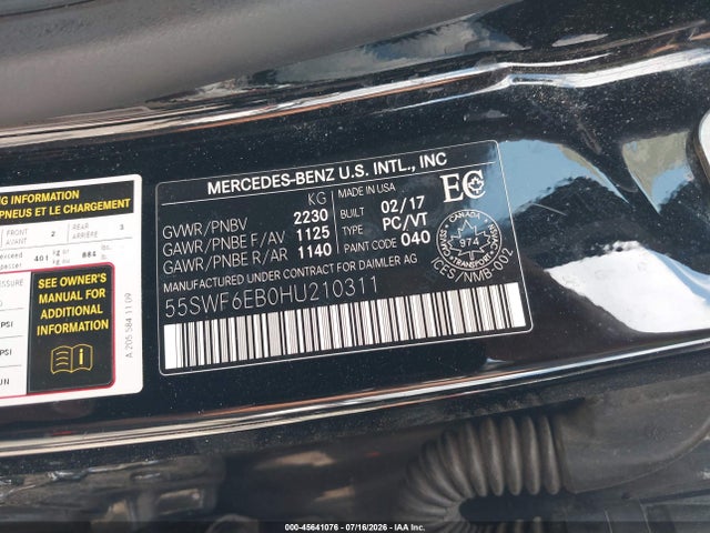 Продажа на аукционе авто 2017 Mercedes-benz Amg C 43 4matic, vin: 55SWF6EB0HU210311, номер лота: 45641076