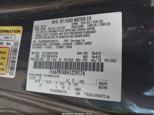45641077 :رقم المزاد ، 1FA6P8TH0H5229174 vin ، 2017 Ford Mustang Ecoboost مزاد بيع