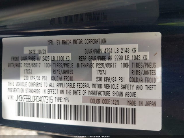 Aukcja sprzedaży 2024 Mazda Cx-5 2.5 S Select, vin: JM3KFBBL0R0407315, numer aukcji: 45641081
