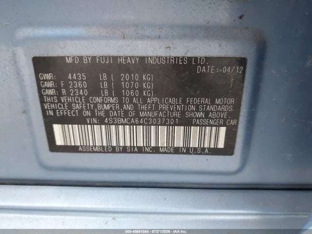 Aukcja sprzedaży 2012 Subaru Legacy 2.5i, vin: 4S3BMCA64C3037301, numer aukcji: 45641084