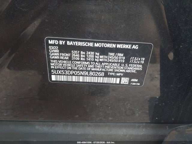 45641086 :رقم المزاد ، 5UX53DP05N9L80268 vin ، 2022 Bmw X3 Xdrive30i مزاد بيع