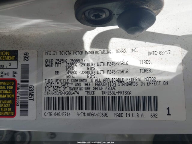 45641093 :رقم المزاد ، 5TFAX5GN9HX086474 vin ، 2017 Toyota Tacoma Sr مزاد بيع