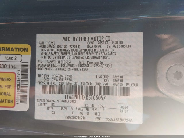 45641098 :رقم المزاد ، 1FA6P8THXR5105057 vin ، 2024 Ford Mustang Ecoboost Premium Fastback مزاد بيع