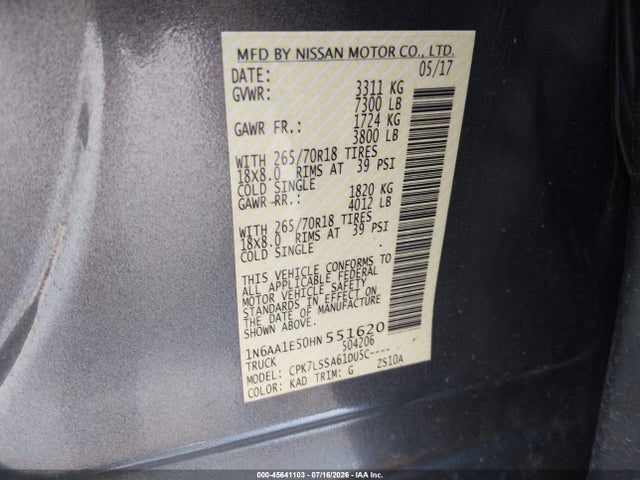 45641103 :رقم المزاد ، 1N6AA1E50HN551620 vin ، 2017 Nissan Titan Sv مزاد بيع