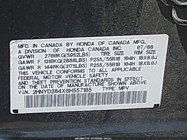 45641110 :رقم المزاد ، 2HNYD284X8H557185 vin ، 2008 Acura Mdx Technology Package مزاد بيع