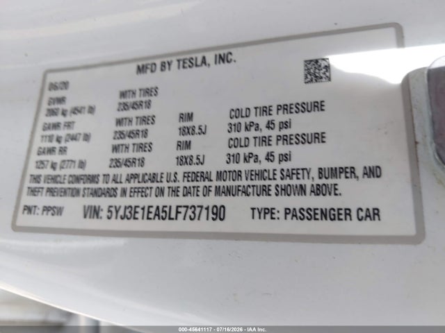 5YJ3E1EA5LF737190 Tesla Model 3 Standard Range Plus Rear-wheel Drive/standard Range Rear-wheel Drive