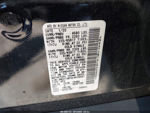 JN8AT2MT4LW039997 Nissan Rogue Sv Fwd