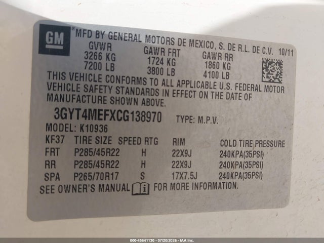 2012 Cadillac Escalade Ext Luxury მანქანა იყიდება აუქციონზე, vin: 3GYT4MEFXCG138970, აუქციონის ნომერი: 45641130