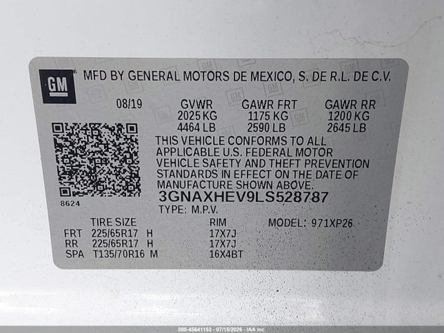 Aukcja sprzedaży 2020 Chevrolet Equinox Fwd Ls, vin: 3GNAXHEV9LS528787, numer aukcji: 45641153
