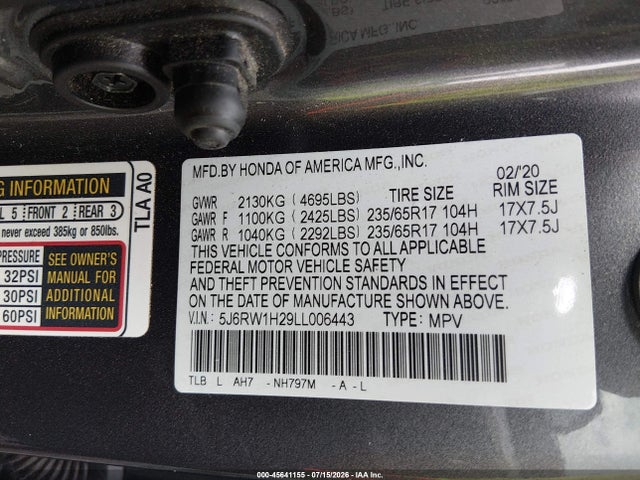 Продажа на аукционе авто 2020 Honda Cr-v 2wd Lx, vin: 5J6RW1H29LL006443, номер лота: 45641155