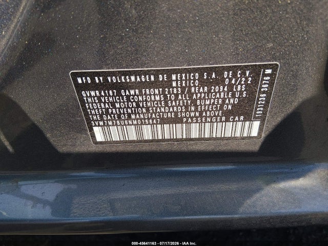 Продажа на аукционе авто 2022 Volkswagen Jetta 1.5t Se, vin: 3VW7M7BU6NM015647, номер лота: 45641163