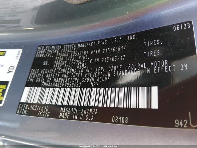 45641175 :رقم المزاد ، 7MUAAAAG5PV059433 vin ، 2023 Toyota Corolla Cross L مزاد بيع