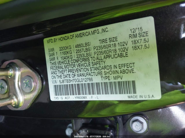 Aukcja sprzedaży 2016 Acura Rdx Advance Package, vin: 5J8TB3H70GL012766, numer aukcji: 45641176