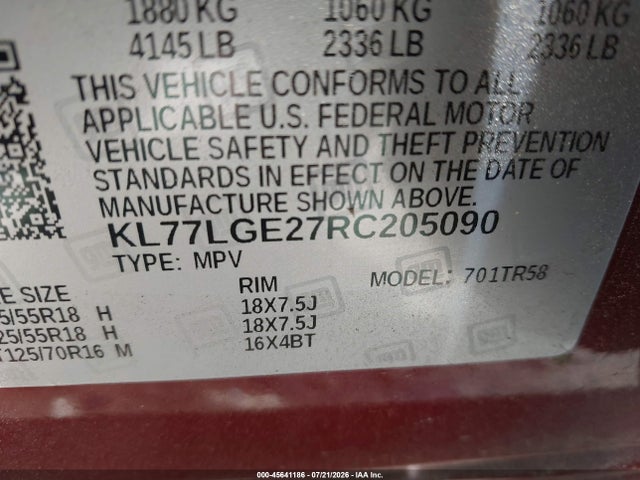 45641186 :رقم المزاد ، KL77LGE27RC205090 vin ، 2024 Chevrolet Trax Fwd 1rs مزاد بيع