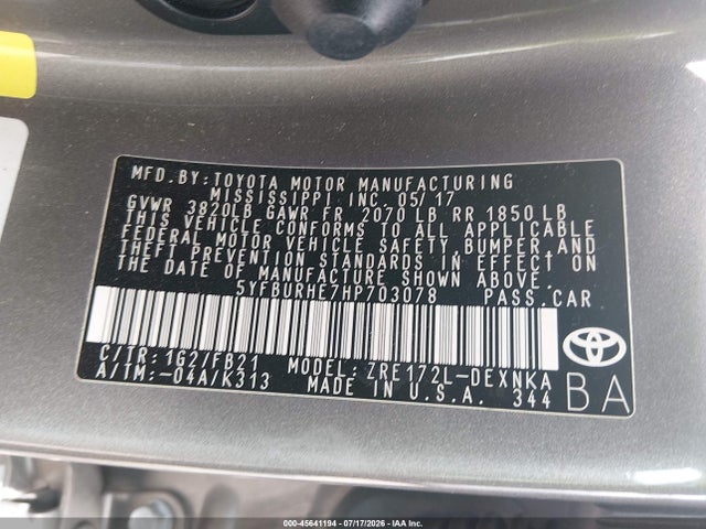 Aukcja sprzedaży 2017 Toyota Corolla Le, vin: 5YFBURHE7HP703078, numer aukcji: 45641194