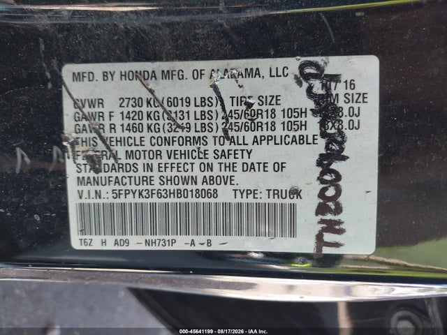 45641199 :رقم المزاد ، 5FPYK3F63HB018068 vin ، 2017 Honda Ridgeline Rtl-t مزاد بيع