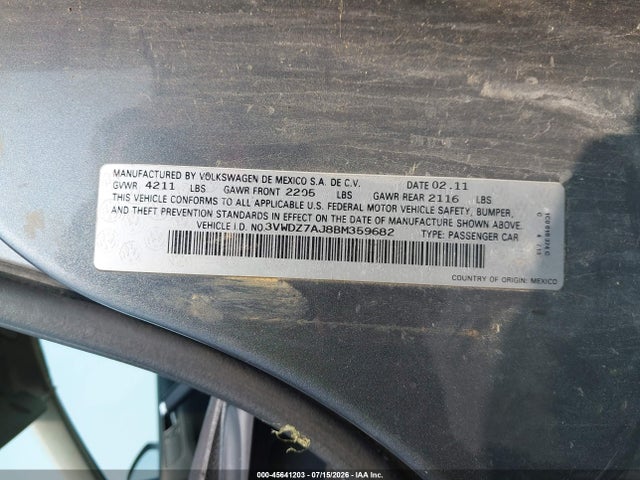 Продаж на аукціоні авто 2011 Volkswagen Jetta 2.5l Se, vin: 3VWDZ7AJ8BM359682, номер лоту: 45641203