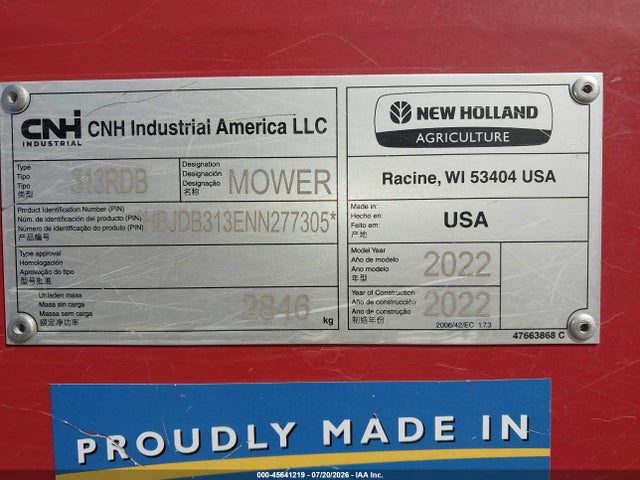 Продажа на аукционе авто 2022 New Holland 131rbd Mower, vin: HBJDB313ENN277305, номер лота: 45641219