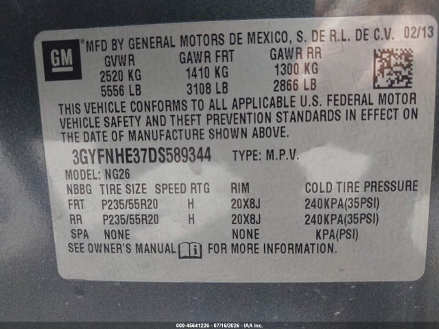 Aukcja sprzedaży 2013 Cadillac Srx Performance Collection, vin: 3GYFNHE37DS589344, numer aukcji: 45641226