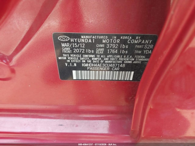 2012 Hyundai Elantra Limited (ulsan Plant) მანქანა იყიდება აუქციონზე, vin: KMHDH4AE3CU487148, აუქციონის ნომერი: 45641237