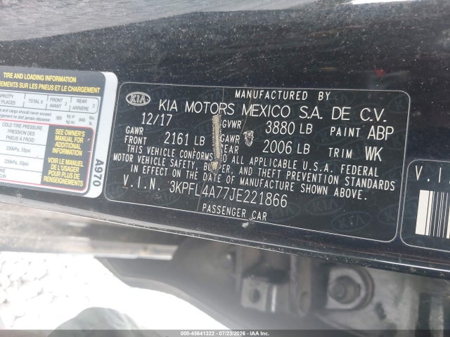 Aukcja sprzedaży 2018 Kia Forte S, vin: 3KPFL4A77JE221866, numer aukcji: 45641322