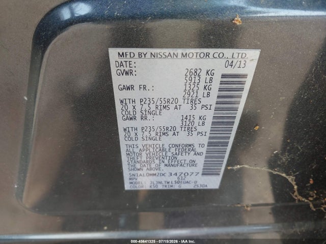 Продаж на аукціоні авто 2013 Infiniti Jx35, vin: 5N1AL0MM2DC347077, номер лоту: 45641325
