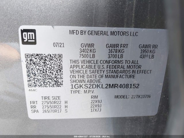 45641327 :رقم المزاد ، 1GKS2DKL2MR408152 vin ، 2021 Gmc Yukon 4wd Denali مزاد بيع
