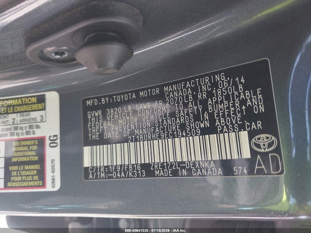 Продаж на аукціоні авто 2014 Toyota Corolla Le, vin: 2T1BURHE9EC194509, номер лоту: 45641335