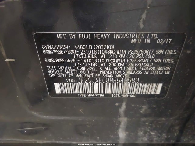 2017 Subaru Forester 2.5i Premium მანქანა იყიდება აუქციონზე, vin: JF2SJAEC8HH549989, აუქციონის ნომერი: 45641358