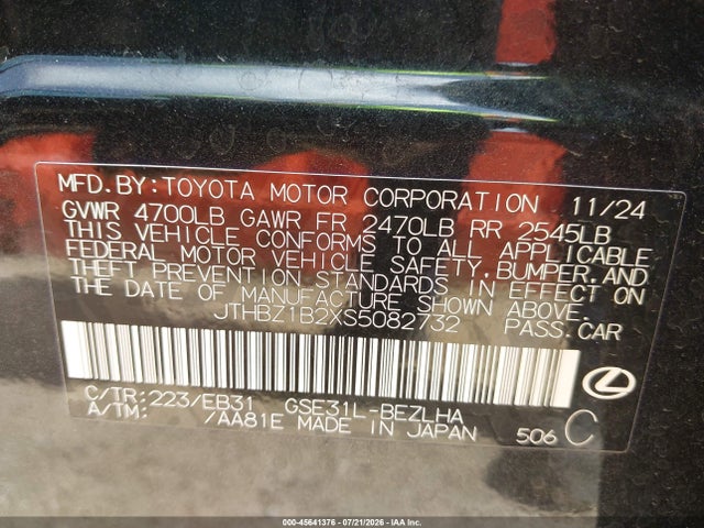 45641376 :رقم المزاد ، JTHBZ1B2XS5082732 vin ، 2025 Lexus Is 350 F Sport Design مزاد بيع