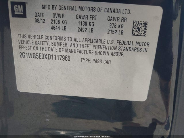 45641380 :رقم المزاد ، 2G1WG5E3XD1117965 vin ، 2013 Chevrolet Impala Lt مزاد بيع