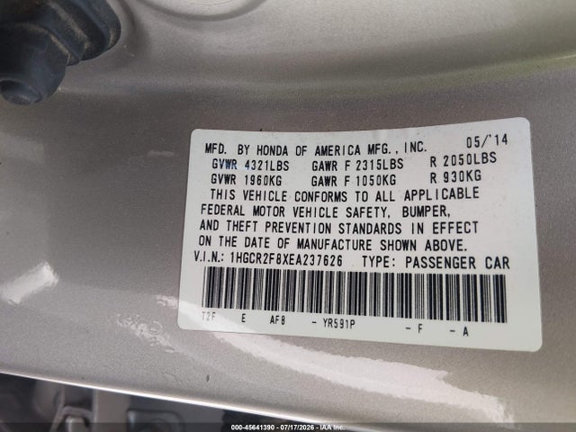 Honda Accord Ex-l 2014 1HGCR2F8XEA237626 Image 9