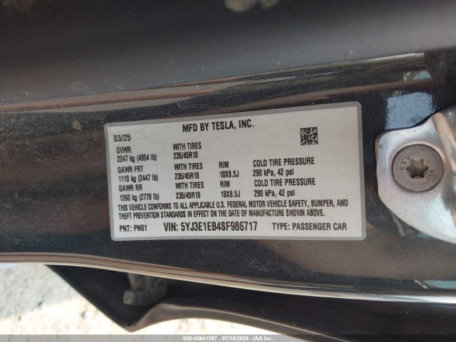 Продаж на аукціоні авто 2025 Tesla Model 3 Long Range All-wheel Drive, vin: 5YJ3E1EB4SF986717, номер лоту: 45641397