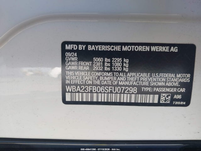 Aukcja sprzedaży 2025 Bmw 430i Gran Coupe, vin: WBA23FB06SFU07298, numer aukcji: 45641398