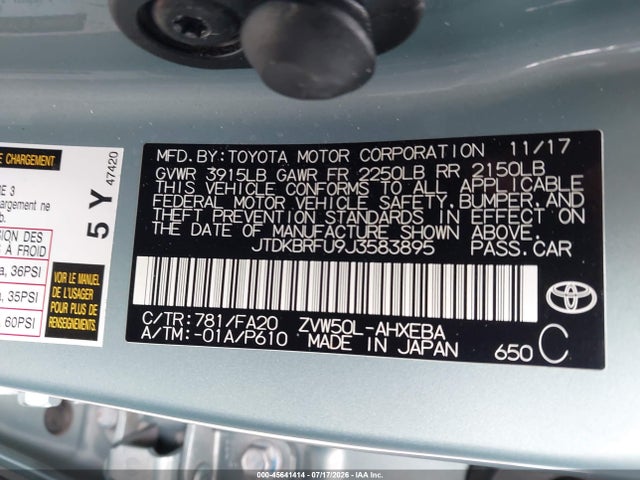 Toyota Prius Two 2018 JTDKBRFU9J3583895 Image 9