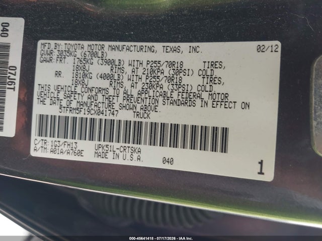 2012 Toyota Tundra Grade 4.6l V8 მანქანა იყიდება აუქციონზე, vin: 5TFRM5F19CX041747, აუქციონის ნომერი: 45641418