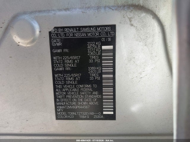 KNMAT2MV6GP644567 Nissan Rogue S/sl/sv